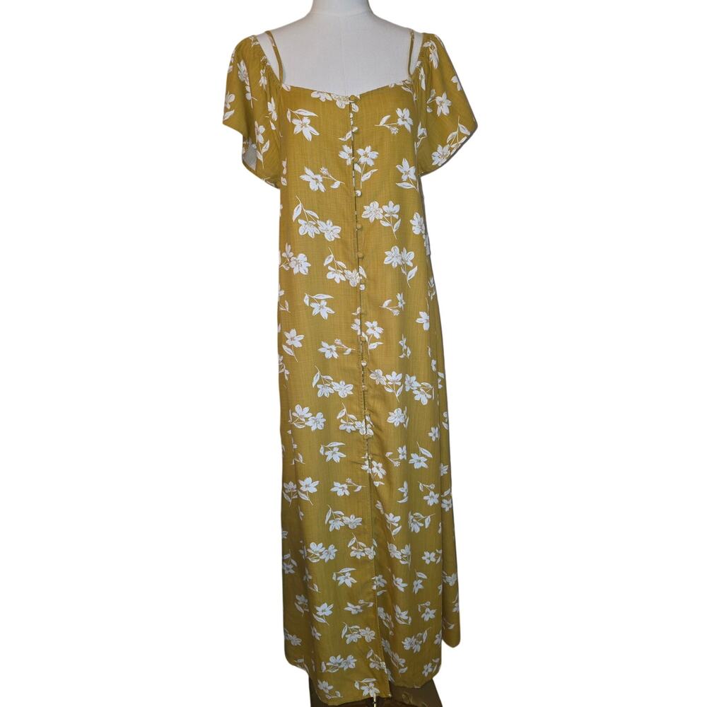 NWOT M Mustard Billabong Button-Up Maxi‎ Dress w/Floral Pattern